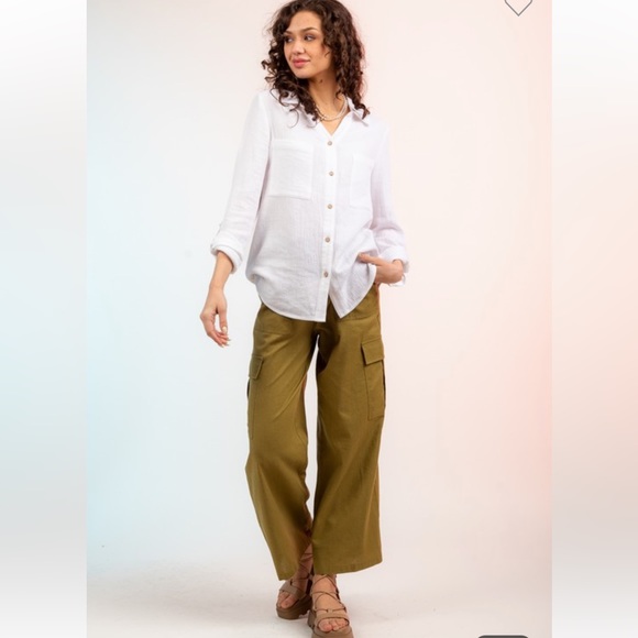 High Waisted Woven Draw String Wide Leg Cargo Pants - Picture 5 of 6